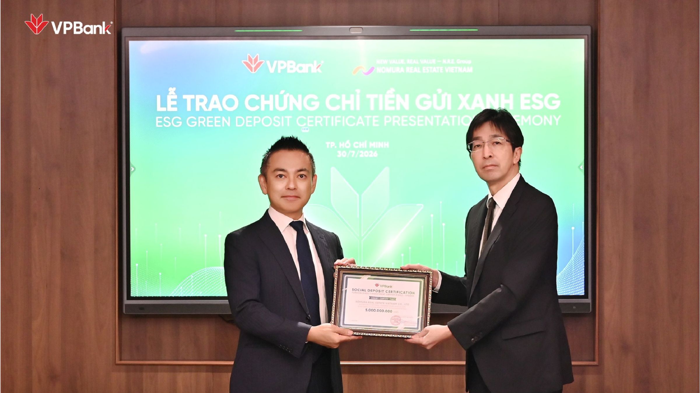 Ngân hàng TMCP Việt Nam Thịnh Vượng (VPBank) ký kết Thỏa thuận Tiền gửi Xã hội với Nomura Real Estate Việt Nam: Thúc đẩy trách nhiệm xã hội vì một tương lai phát triển bền vững