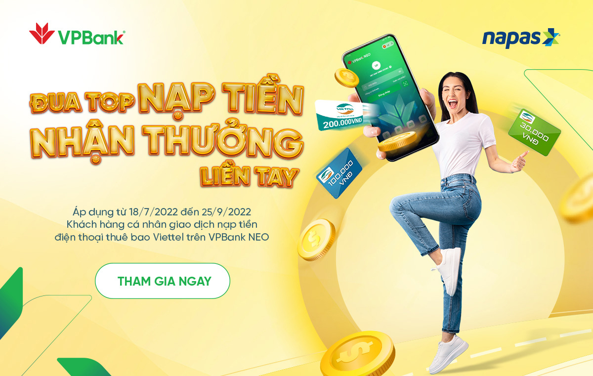 Săn thưởng tiền triệu khi đua top nạp điện thoại Viettel trên VPBank NEO