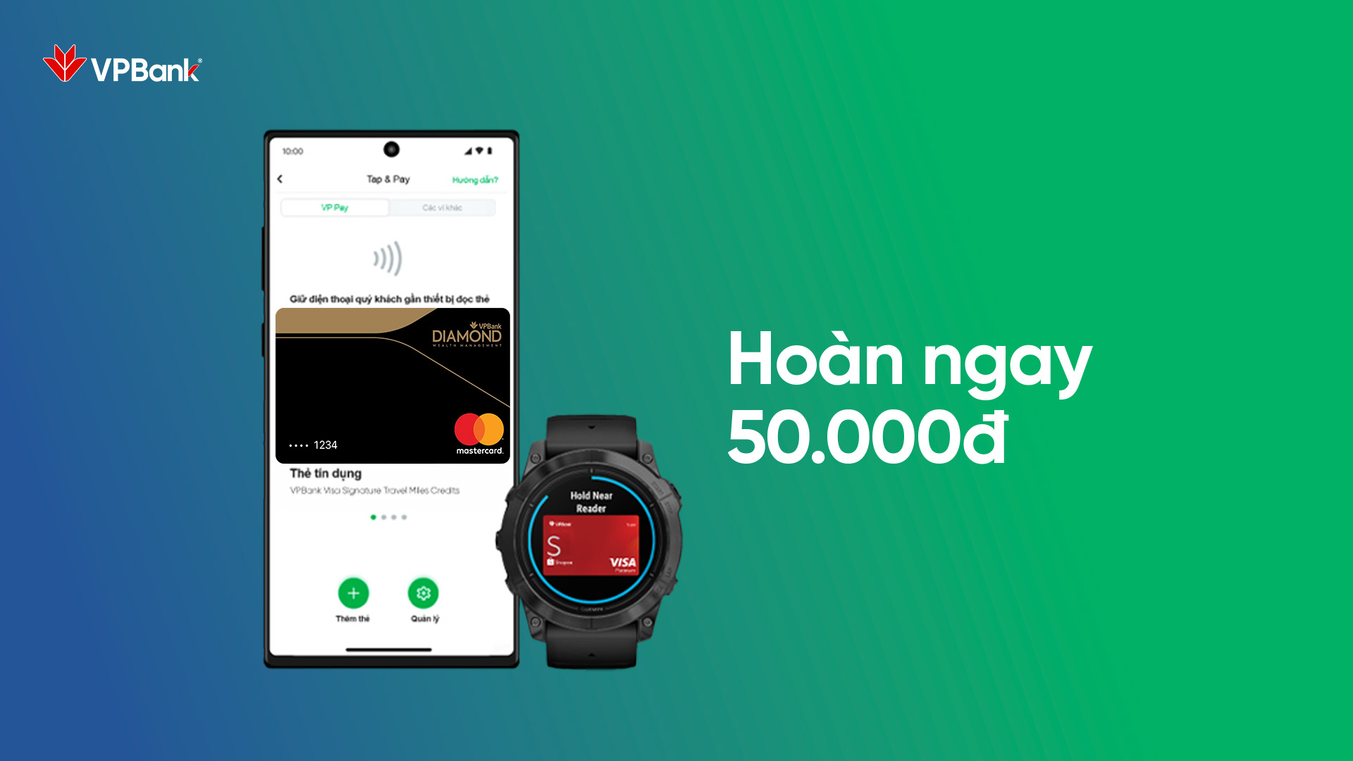 Ưu đãi hoàn tiền cho giao dịch đầu tiên qua Samsung Pay, Google Pay, VP Pay, Garmin Pay bằng thẻ tín dụng VPBank