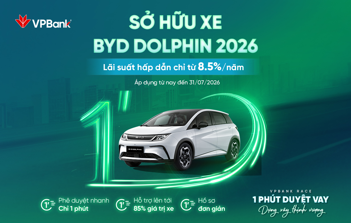 Sở hữu BYD Dolphin 2026 - Lãi suất hấp dẫn chỉ từ 8.5%/năm
