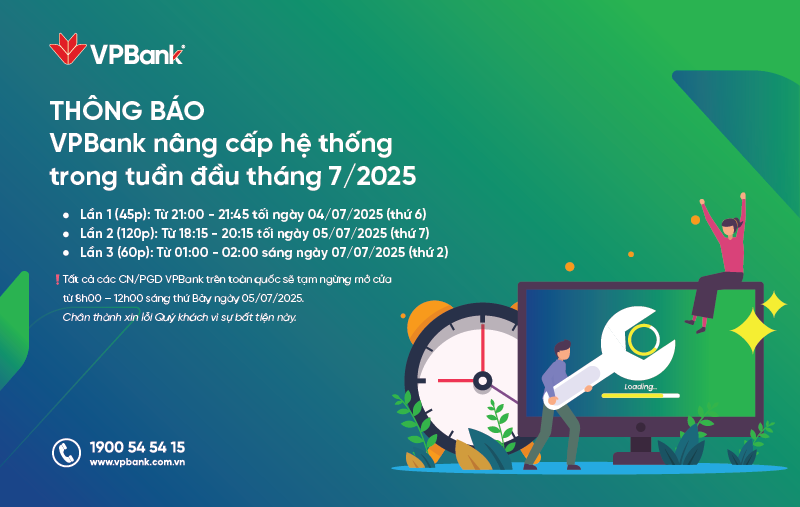 A digital announcement from VPBank on a vibrant green background with abstract geometric shapes. The text in white reads 'THÔNG BÁO VPBank nâng cấp hệ thống trong tuần đầu tháng 7/2025' (ANNOUNCEMENT VPBank system upgrade in the first week of July 2025). Below are bullet points detailing specific upgrade times on July 4, 5, and 7, 2025, and a note about nationwide branch closures on July 5. An illustration at the bottom right shows a person on a computer with a large wrench icon, symbolizing system maintenance, and a clock icon.
