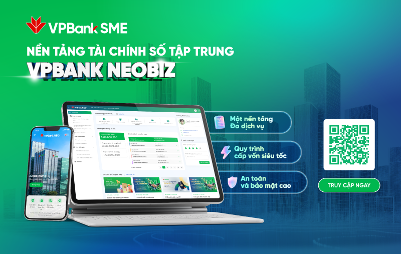 Hình ảnh quảng cáo nền tảng tài chính số tập trung VPBank NEOBiz từ VPBank SME, hiển thị một máy tính bảng và một điện thoại thông minh với giao diện ứng dụng.