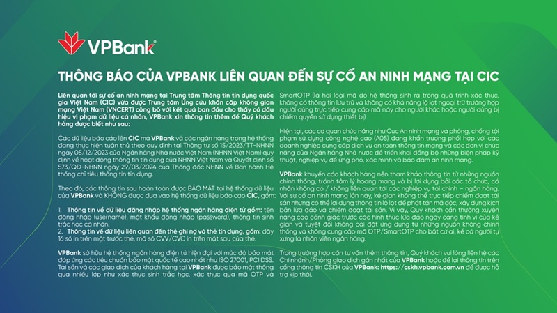 `Thông báo của VPBank liên quan đến sự cố an ninh mạng tại CIC