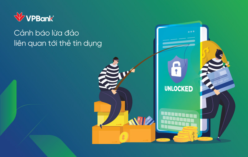 Two masked individuals in striped shirts engage in fraudulent activities. One uses a fishing rod to hook a credit card from a smartphone screen showing an 'UNLOCKED' padlock icon. The other holds multiple credit cards, standing on boxes with coins scattered around.