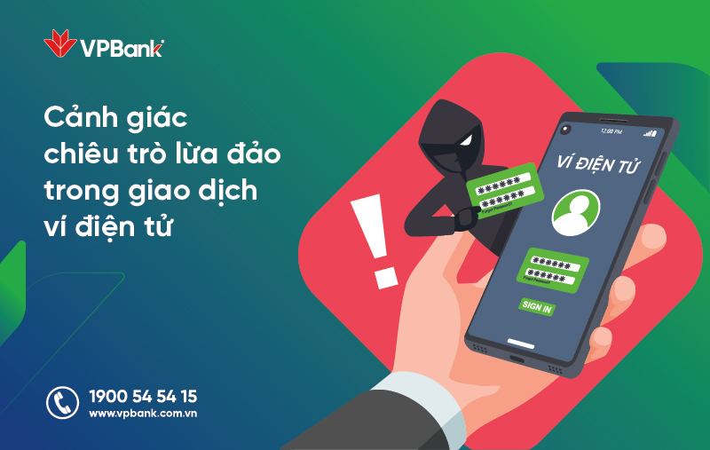 Hình ảnh minh họa một bàn tay cầm điện thoại thông minh với màn hình đăng nhập ví điện tử, phía sau là hình ảnh kẻ lừa đảo đội mũ trùm đầu đang cố gắng đánh cắp thông tin cá nhân. Logo 'VPBank' hiển thị ở góc trên bên trái.